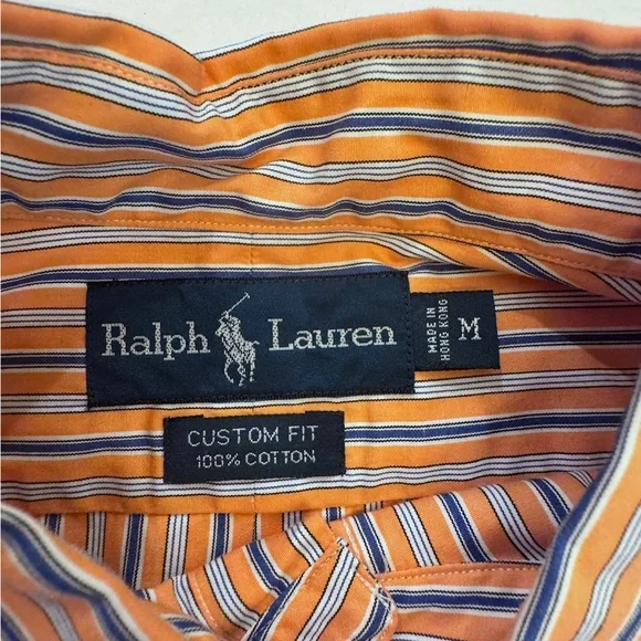 Ralph Lauren Custom Fit Button Down Shirt Men’s Medium Orange Blue Stripe - Picture 2 of 8